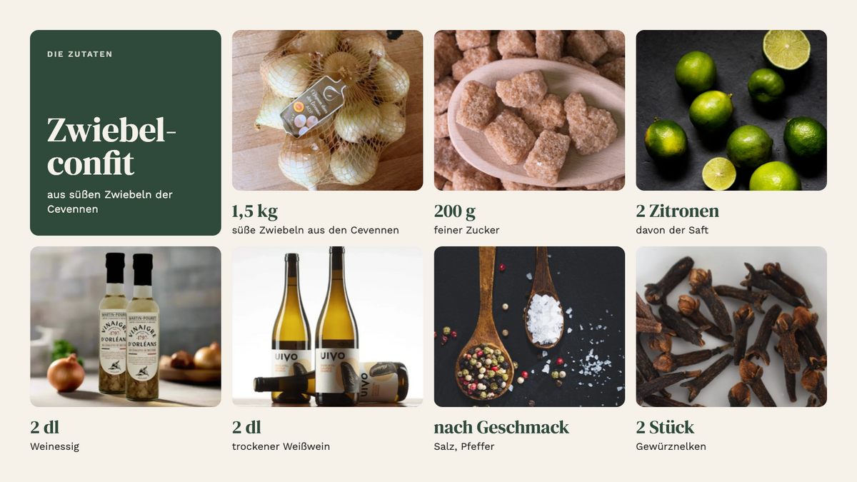 Zutaten für das Zwiebelconfit aus Cevennen-Zwiebeln