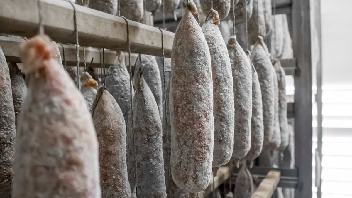Luftgetrockneter Saucisson mit weißer Blüte (fleur blanche) auf der Haut