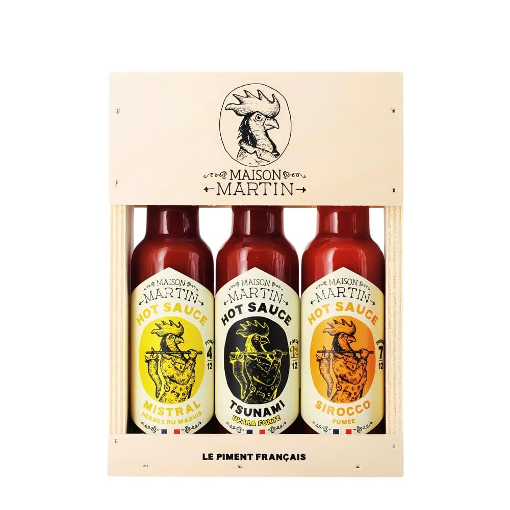 Leere Holzkiste für 3 Flaschen Hot Chili Saucen Maison Martin Maison Martin