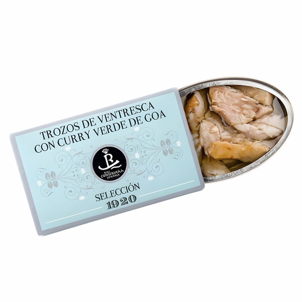 Trozos de Ventresca de Atún Claro en Aceite de Oliva con Curry (Thunfischbauch-Stücke mit Curry) – Selección 1920 Real Conservera Española